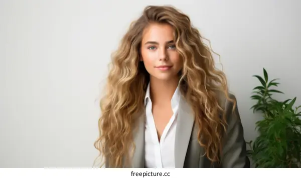 portrait of a young professional woman with long wavy blonde hair wearing a white blouse and green blazer