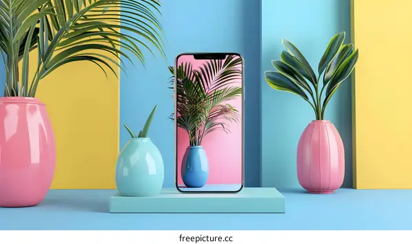 Phone Mockup with Tropical Plants and a Minimalist Background