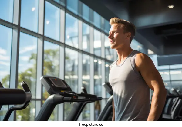 Young caucasian man resting after running on treadmill at gym