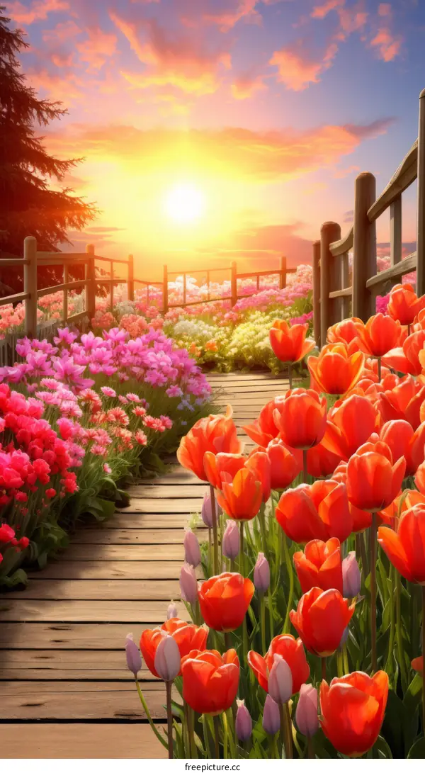 vibrant flower garden with a wooden walkway at sunset