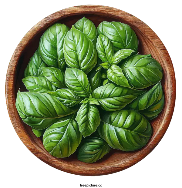 [Transparent Background PNG]Fresh Basil Leaves in a Wooden Bowl Illustration
