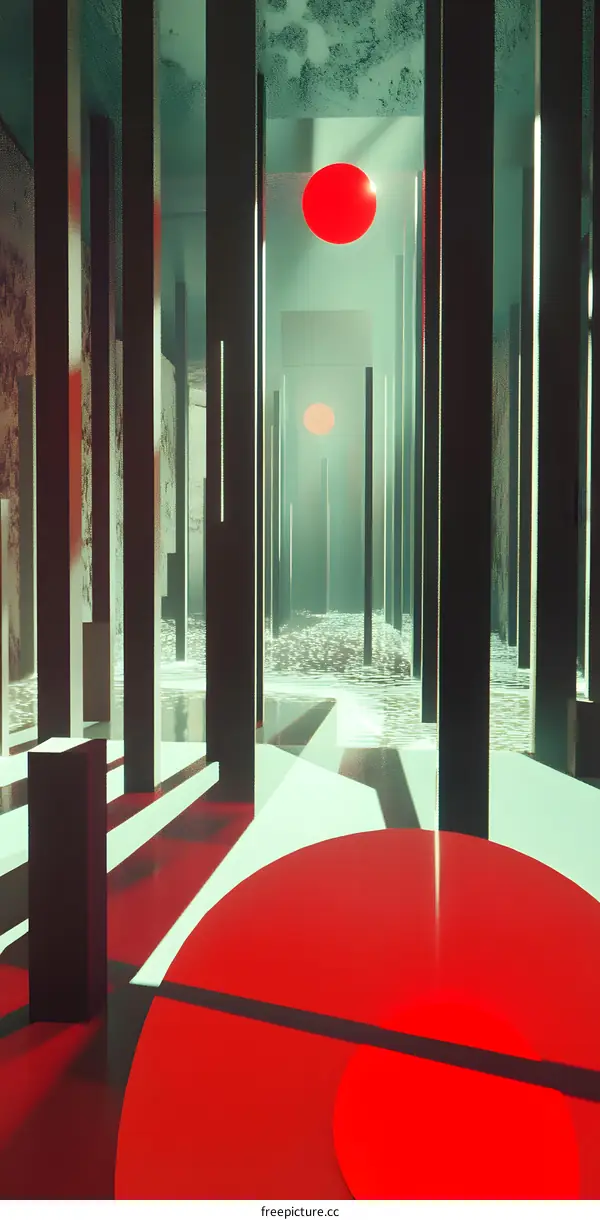 Abstract Digital Art Illustration With Red Circle And Black Columns