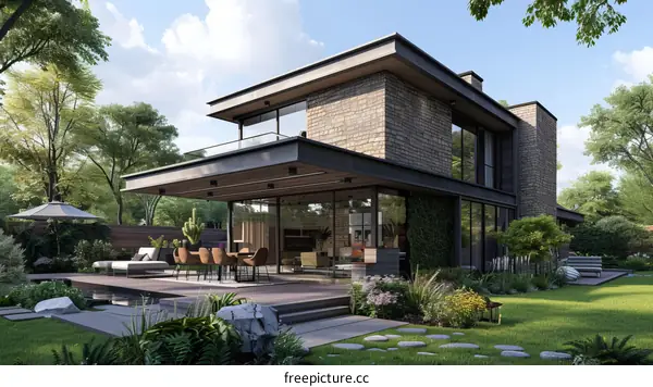 Modern House Design with Glass Windows and Stone Walls