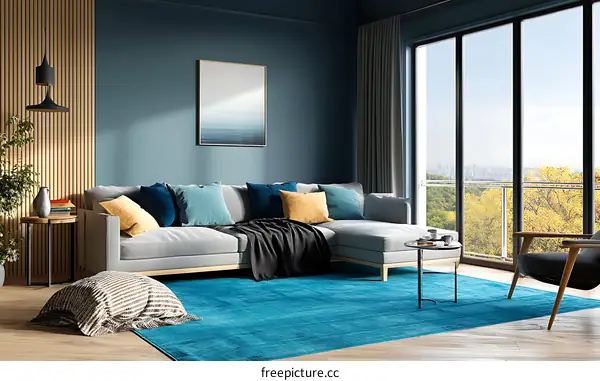 Modern Living Room Interior Design with Teal Rug
