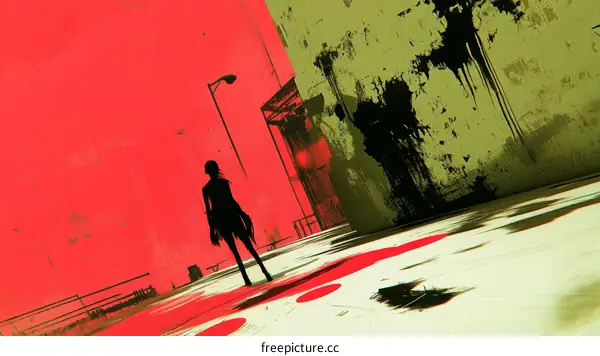 Urban Silhouette of a Woman in a Distressed Cityscape
