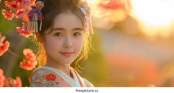 Portrait of a young woman in a kimono standing in a field of cherry blossoms