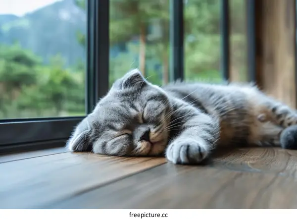 Sleeping Gray Kitten by the Window
