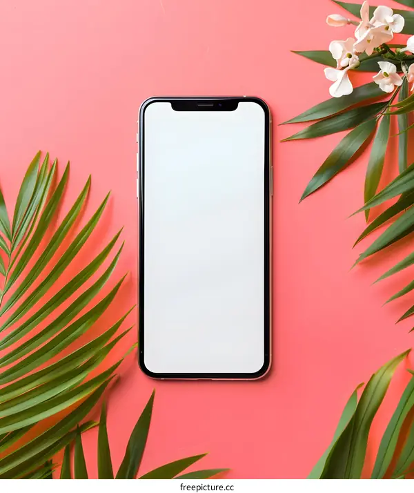 Flat Lay Phone Mockup with Green Palm Leaves on Pink Background