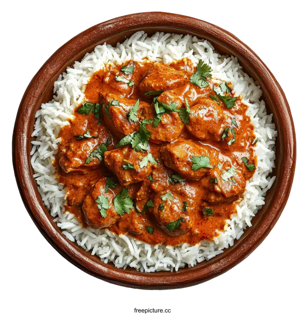 [Transparent Background PNG]Delicious Chicken Tikka Masala with Rice in a Terracotta Bowl