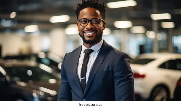 Portrait of a successful African American businessman in a suit and tie smiling in a car dealership.