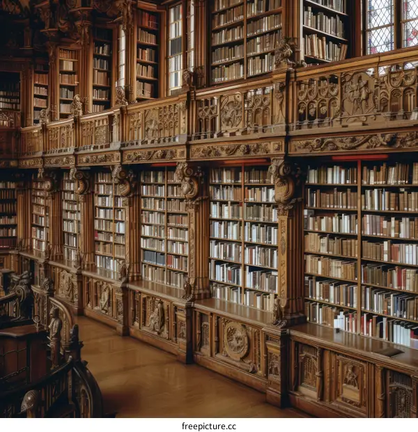 ornate wooden shelves filled with old books