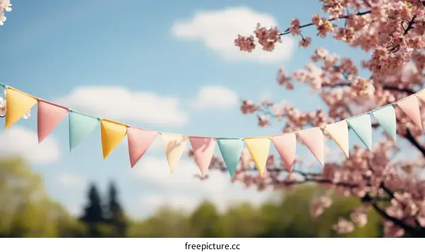 Colorful Paper Flags on Serene Sakura Tree