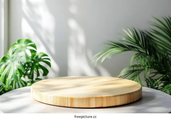 Empty Wooden Round Display Table with Plants