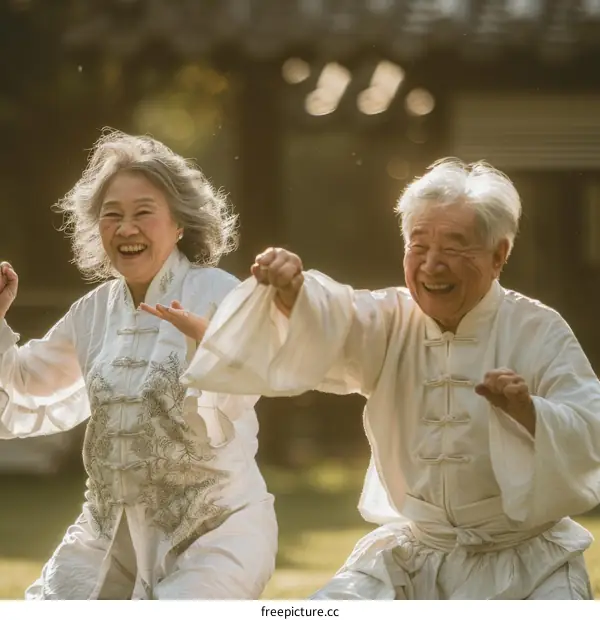Two elderly people are doing Tai Chi in the park