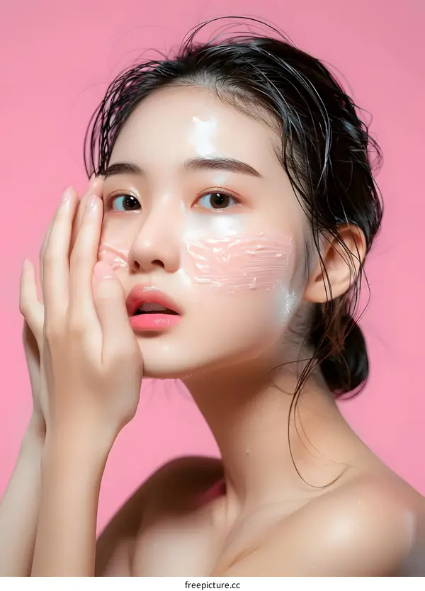 Beautiful Asian Woman with Shiny Skin Applying Facial Cream on Pink Background
