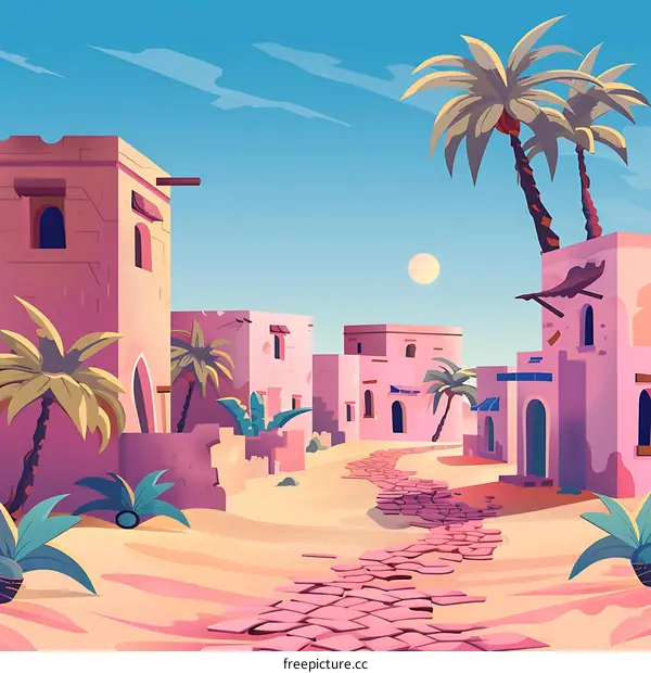 Pink Desert Village with Palm Trees