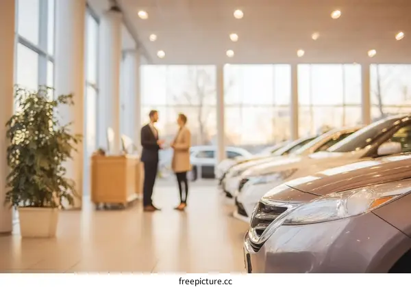 Car Showroom Interior with Customers and Sales Staff