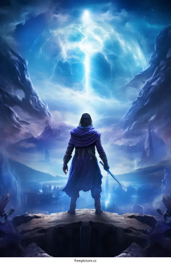 Fantasy world landscape with a man standing on a cliff holding a sword