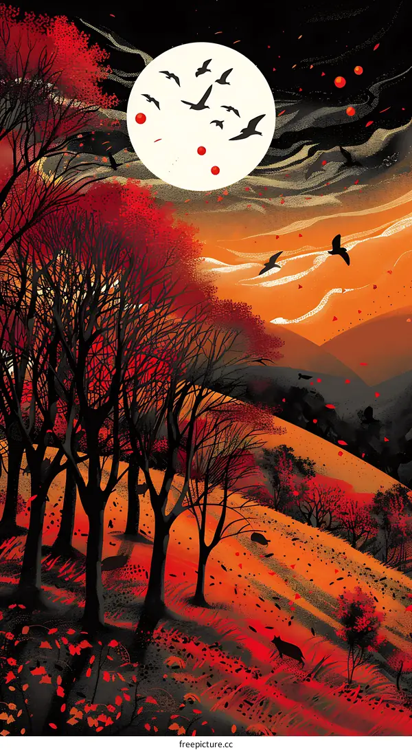 Autumn Forest Illustration With Full Moon And Birds
