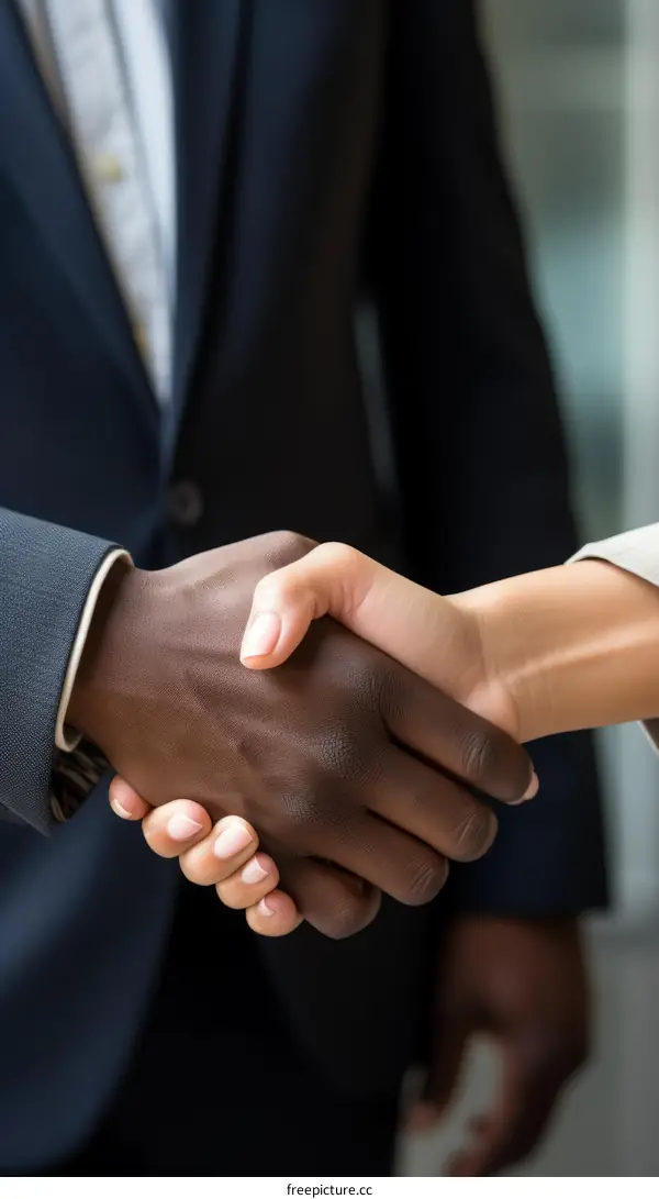 Business handshake between a black man and a white woman