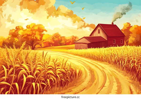 Autumn Landscape with Farmhouse and Wheat Field