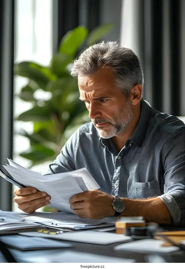 Caucasian Man Sitting at Desk Reviewing Documents