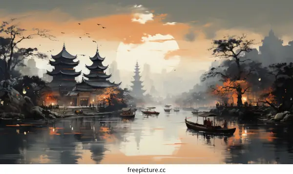 Tranquil Village by the River at Sunset