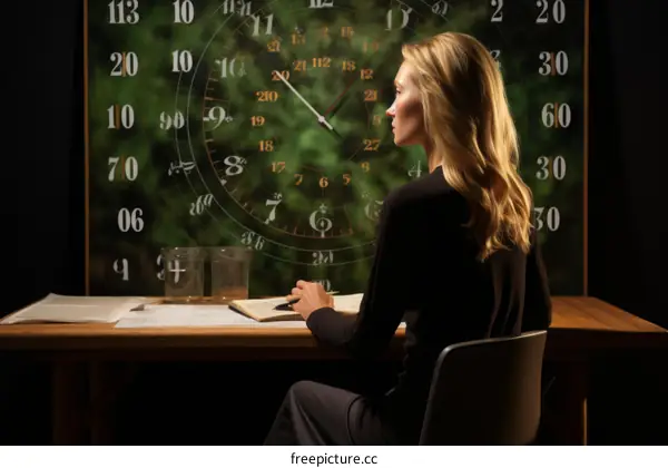 A blonde woman is sitting at a desk in front of a large clock.