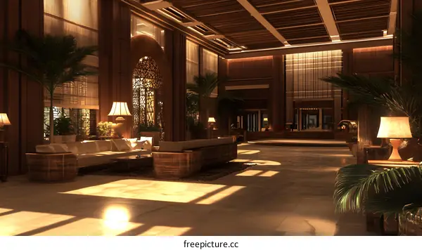 Luxury Hotel Lobby Interior Design with Wooden Furniture and Palm Trees