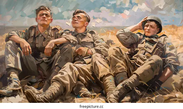 Three soldiers relaxing in a field