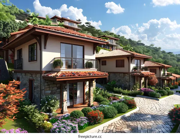 Stone and Wood Villa Houses on Hillside Landscape