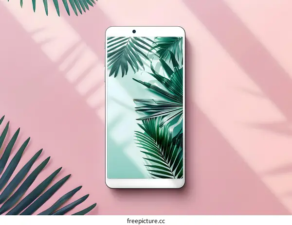 White Smartphone with Palm Leaves on Pink Background