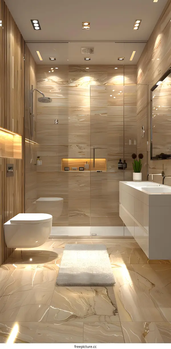 Beige Marble Bathroom Interior with Modern Shower and Vanity
