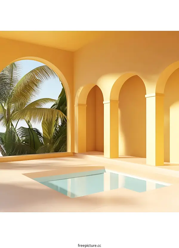 Yellow Minimalist Interior Design With Archway and Palm Trees