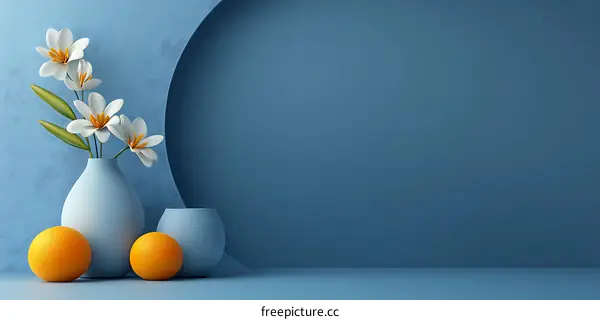 Simple Minimalist Blue Wall Background with White Flowers in Vase and Oranges