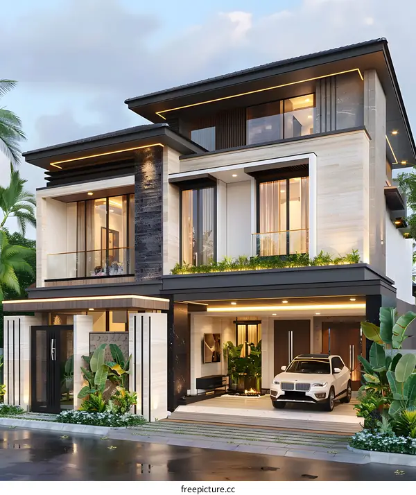 Modern Two Story House With Carport And Lush Greenery