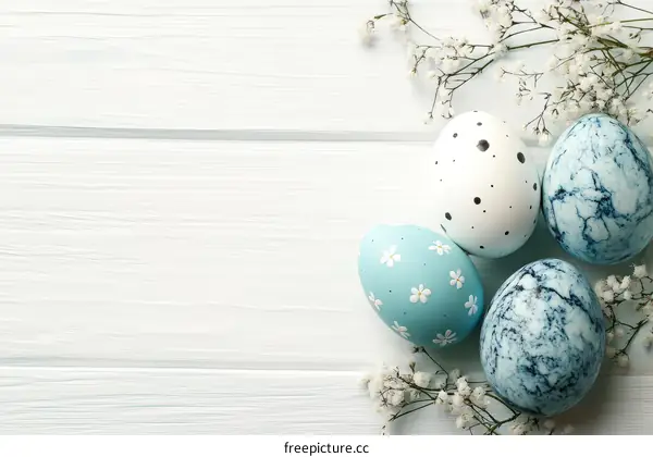 Easter Eggs Decorated on Light Blue Wooden Background