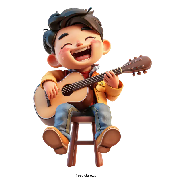 [Transparent Background PNG]Happy Boy Playing Guitar on White Background