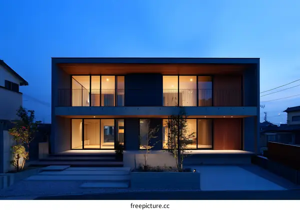 Modern Two Story Home Exterior at Dusk