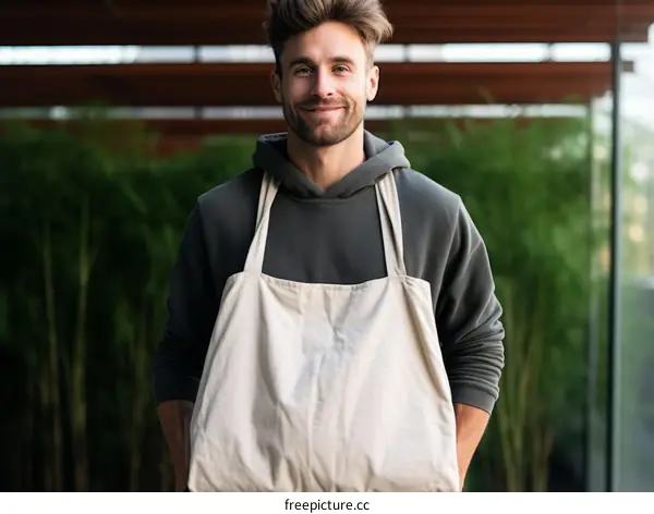 portrait of a smiling young man wearing apron in front of a bamboo wall