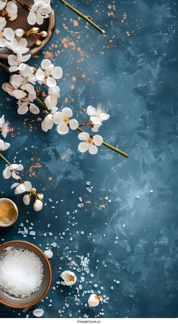 White Flowers with Salt on Blue Background