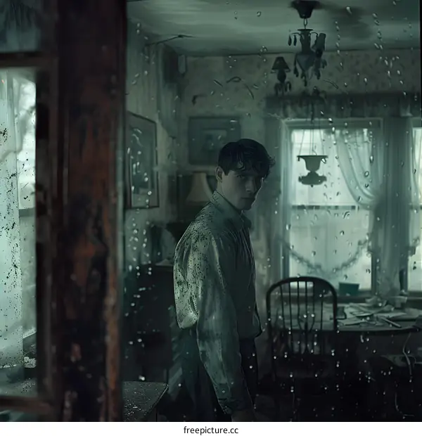 A man standing in a room with water on the walls