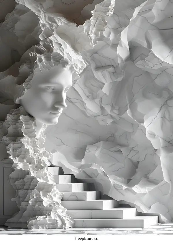 Marble statue of a womans head emerging from a rocky wall with stairs leading up to it.