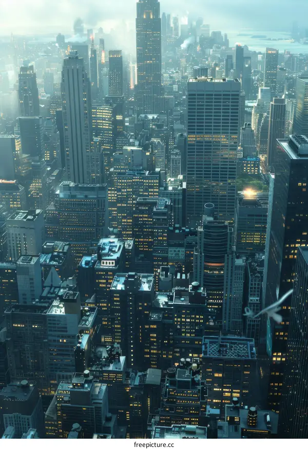 A Bird Flies Over the Manhattan Skyscrapers