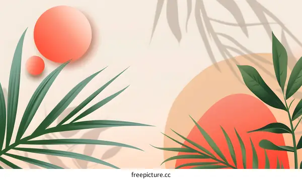 Abstract Minimalist Tropical Illustration with Green Leaves and Red Circles