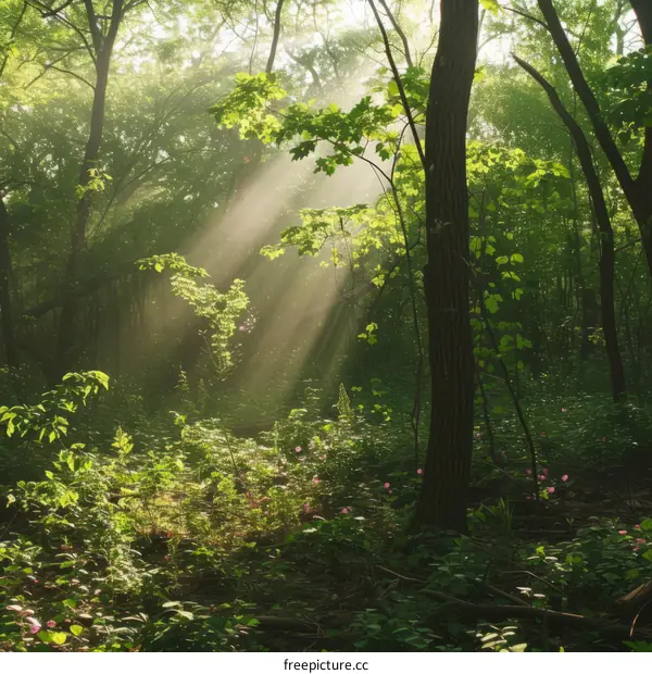 The sun shines through the trees in the forest