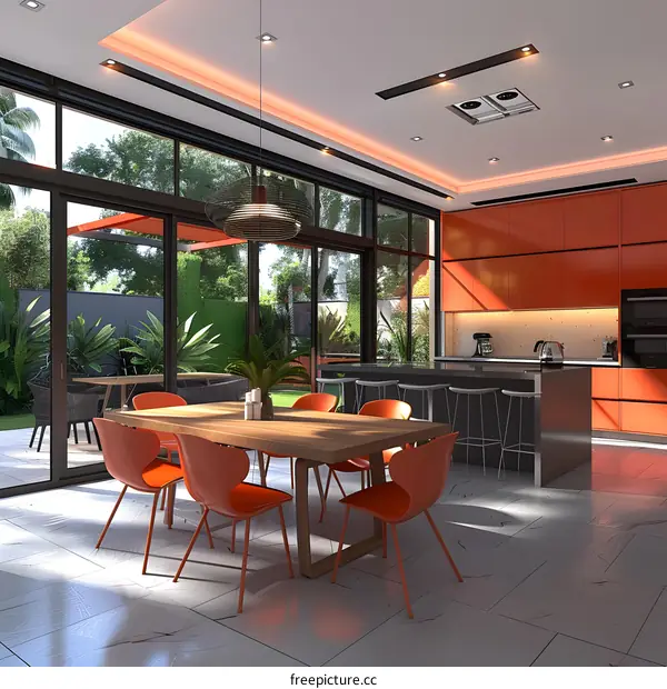 Modern Kitchen Design with Orange Cabinets and Wooden Dining Table