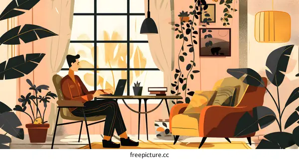 Man Working on Laptop in Home Office with Plants