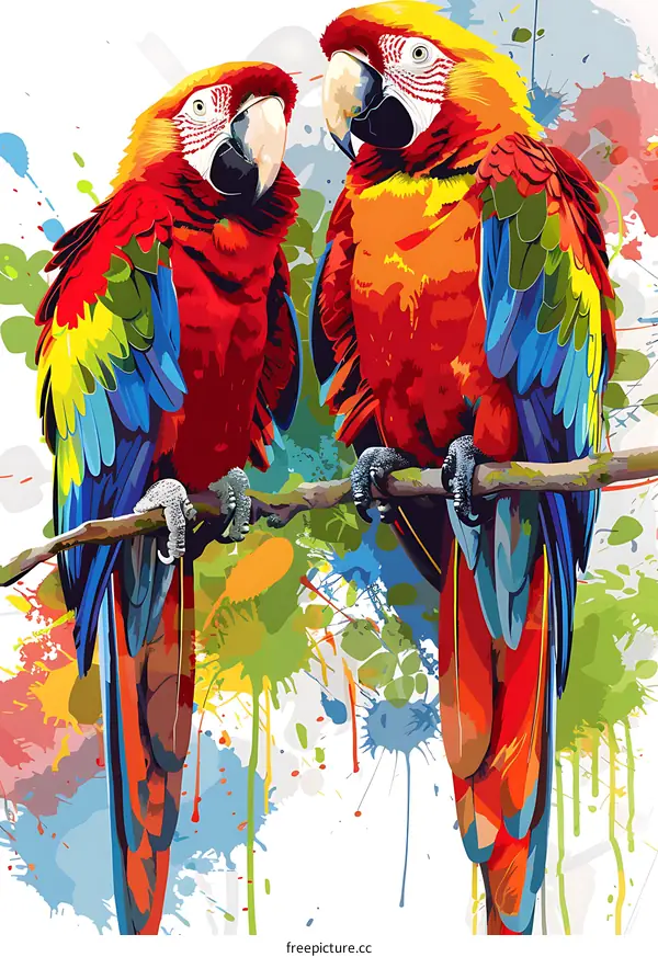 Two Colorful Macaws Perched on a Branch with Watercolor Splatter Background