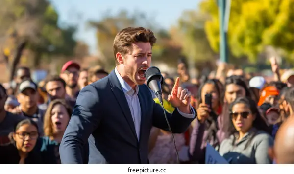 Young male politician giving speech at outdoor rally